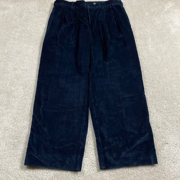 Jos A Bank Pants Mens 35x26* Navy Short Corduroy Pleated Trousers Baggy Wide Leg - Picture 2 of 10